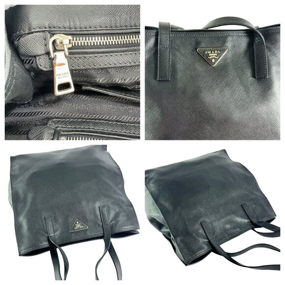 PRADA Authentic Front Logo Black Leather Saffiano Tote Bag Made in Italy - Picture 7 of 14